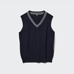 Uniqlo Washable V-Neck Vest Navy & White Preppy Nautical Casual Unisex size Sm
